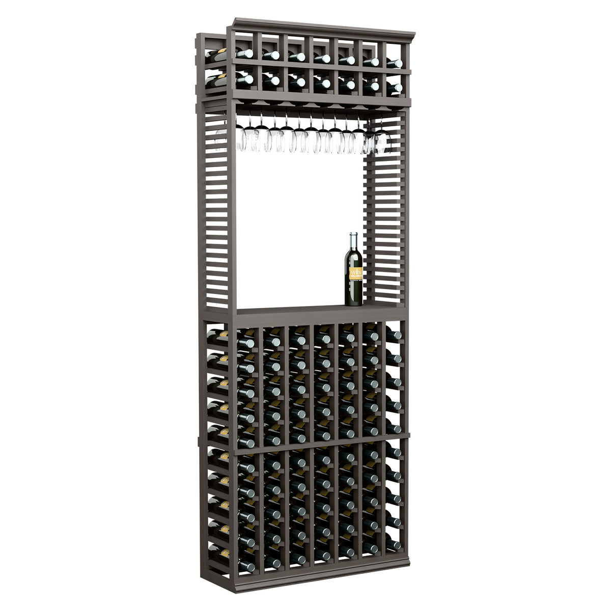 Wine tasting station with bottle racks and stemware rack, dark metal and wood frame