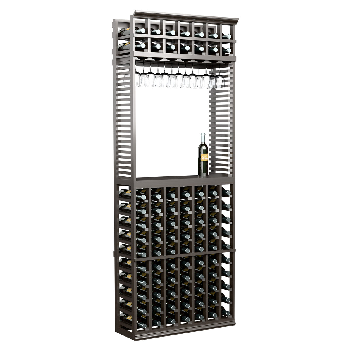 Wine tasting station with stemware rack, grey wood frame, and front bottle holders