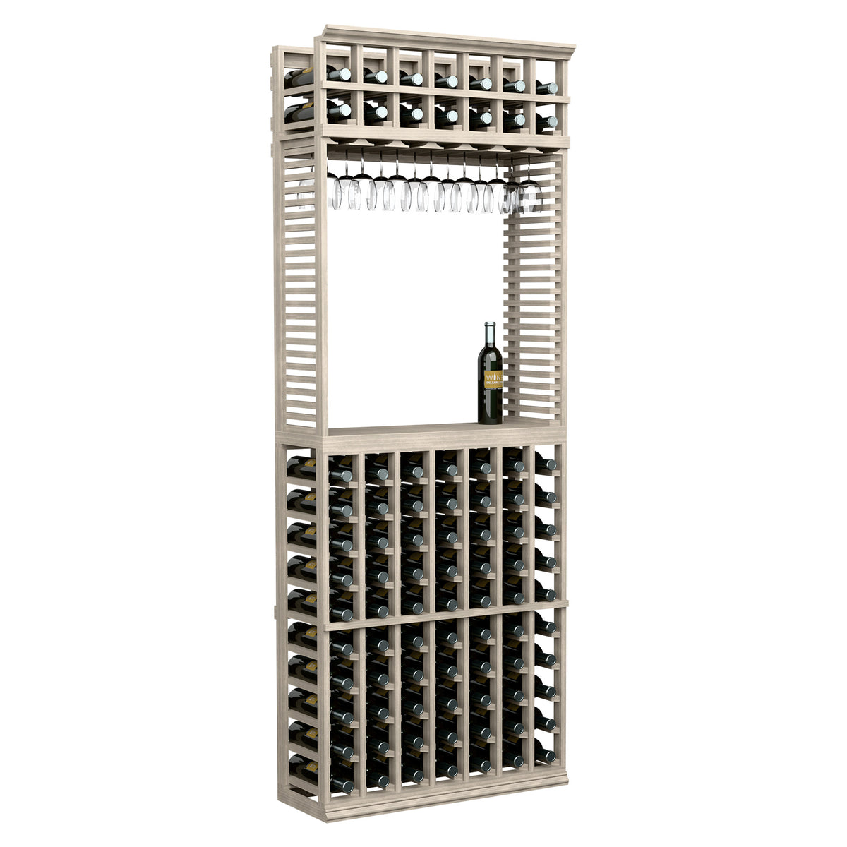 Wine tasting station with stemware rack, grey-toned wood frame, and front bottle holders