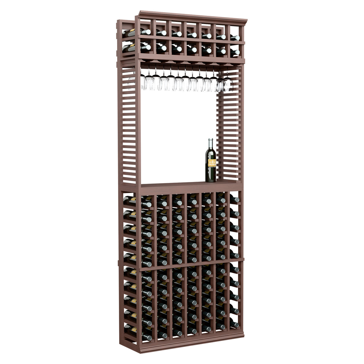 Wine tasting station with stemware rack, dark brown wood frame, and front bottle holders