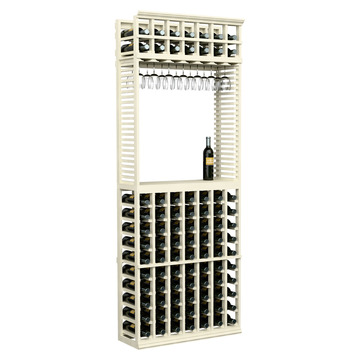Wine and stemware tasting station rack in light whitewashed wood, bottle slots and hanging glass rack
