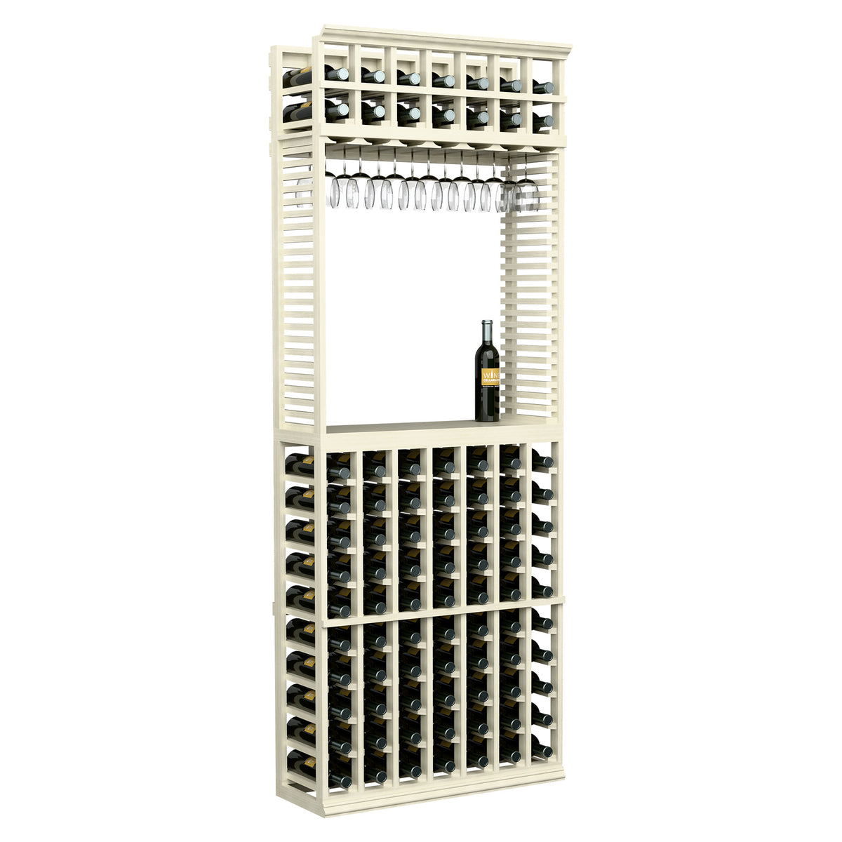 Wine tasting station with stemware rack, white-toned wood frame, and front bottle holders