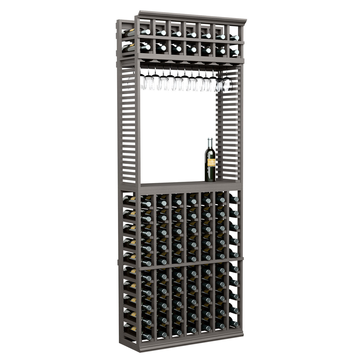 Wine and stemware tasting station rack in dark wood, bottle slots and hanging glass rack