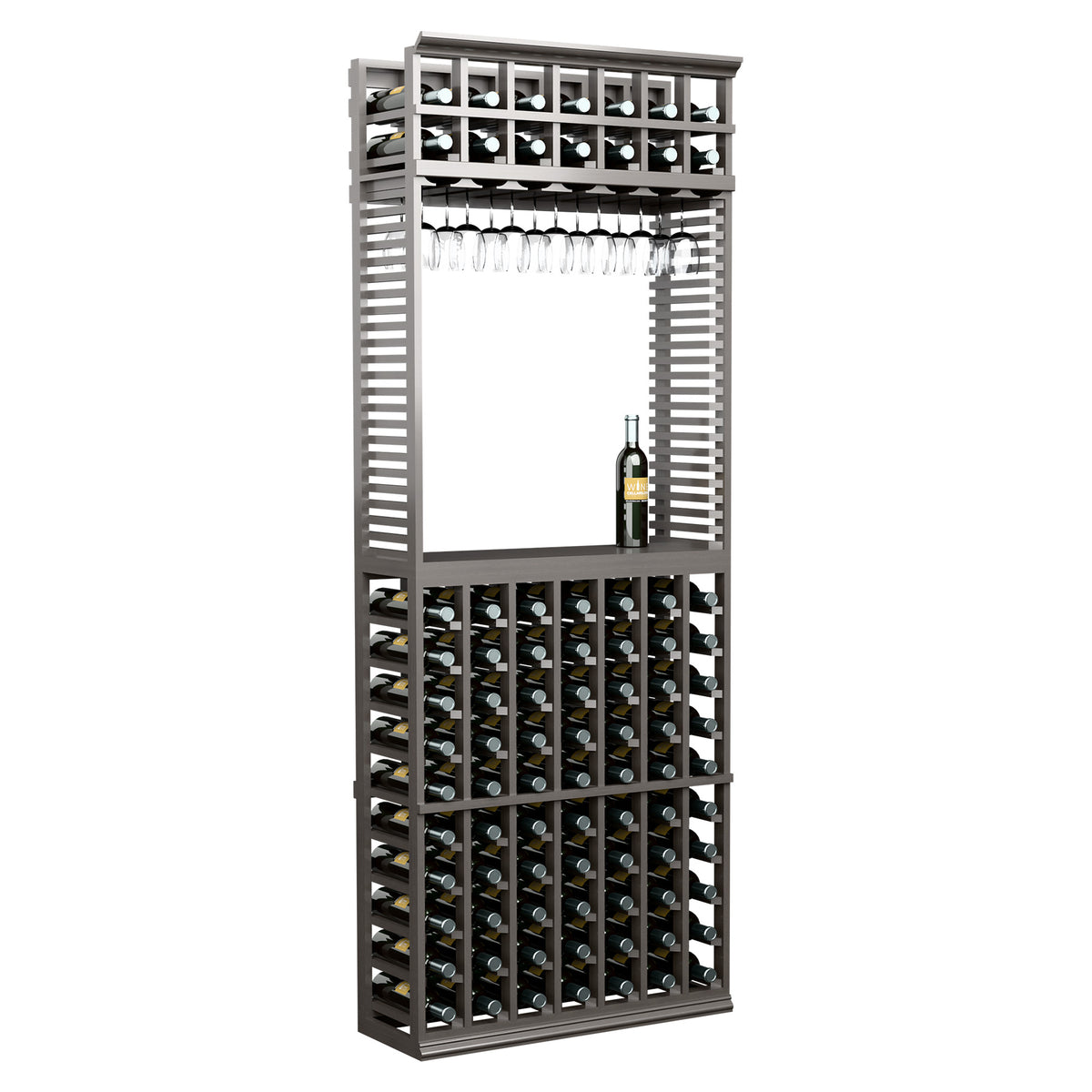 Wine tasting station with wine bottle racks and hanging stemware rack, dark frame