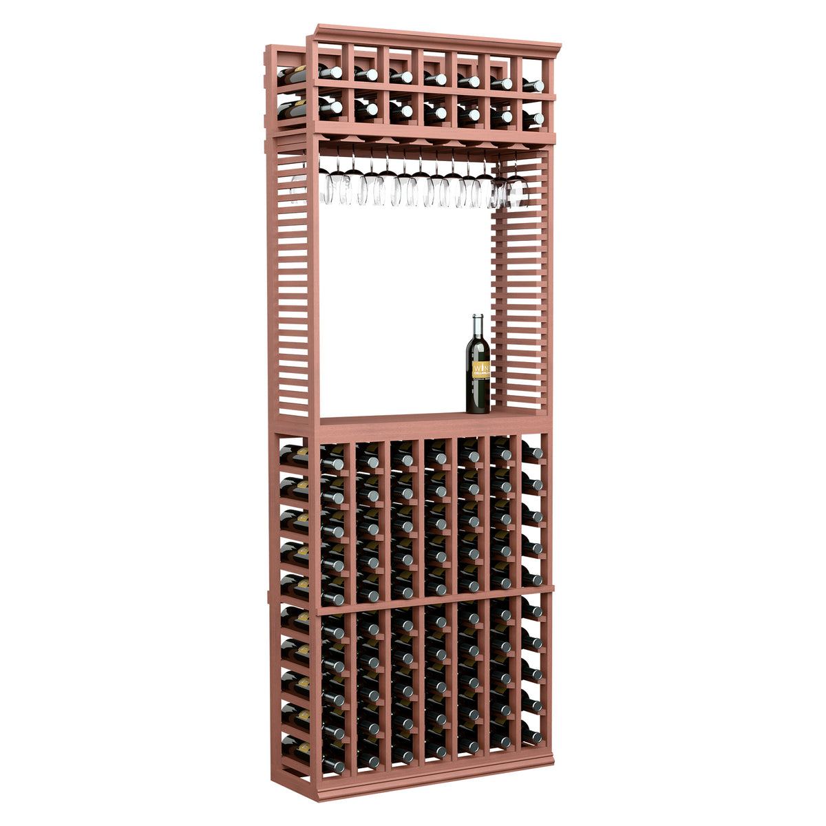 Wine tasting station with stemware rack, dark bottles, red-brown stained wood frame