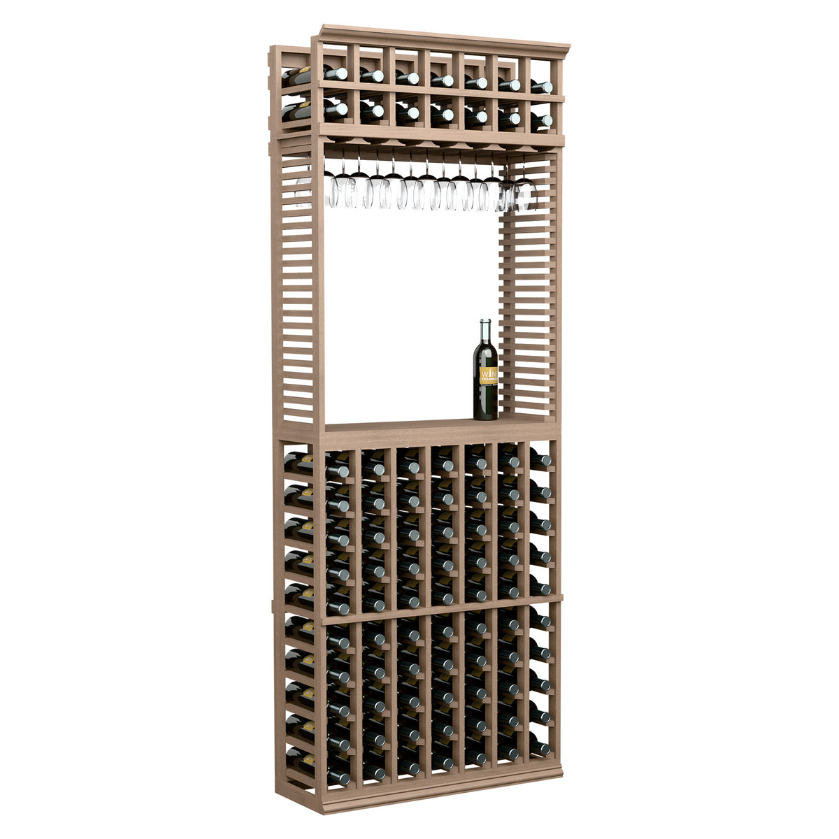 Wine tasting station with bottle storage and stemware rack, natural wood-tone frame