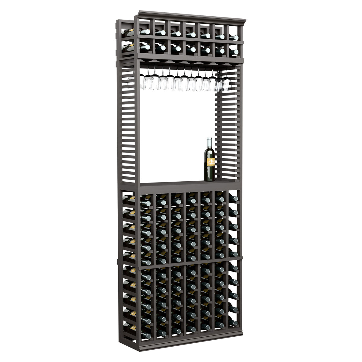 Charcoal wood wine tasting station with bottle slots and hanging stemware rack