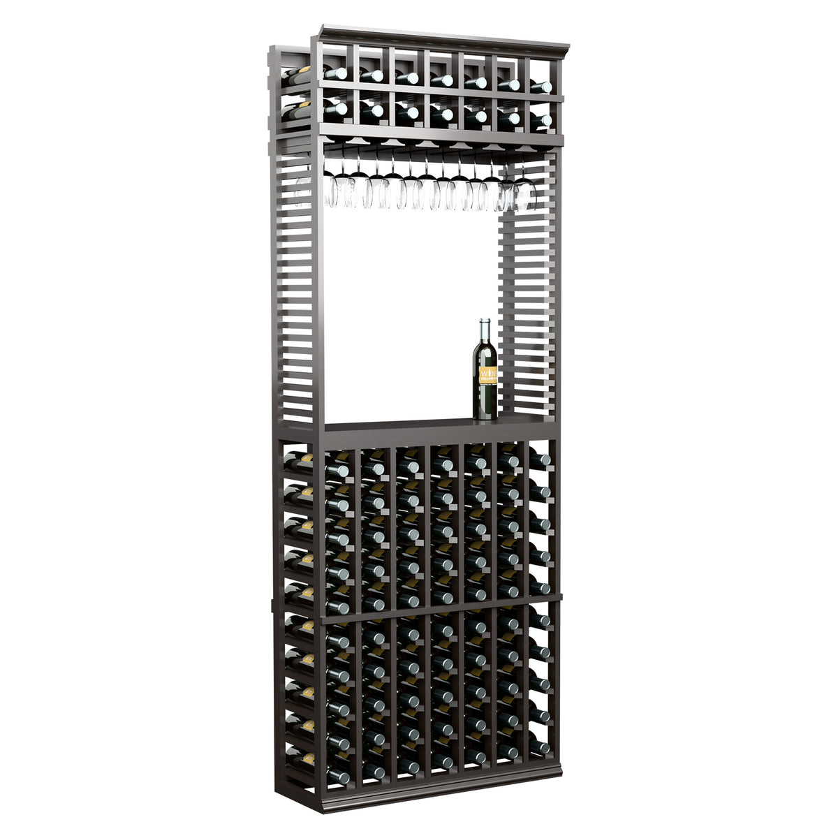 Wine and stemware tasting station rack in dark wood, bottle slots and hanging glass rack