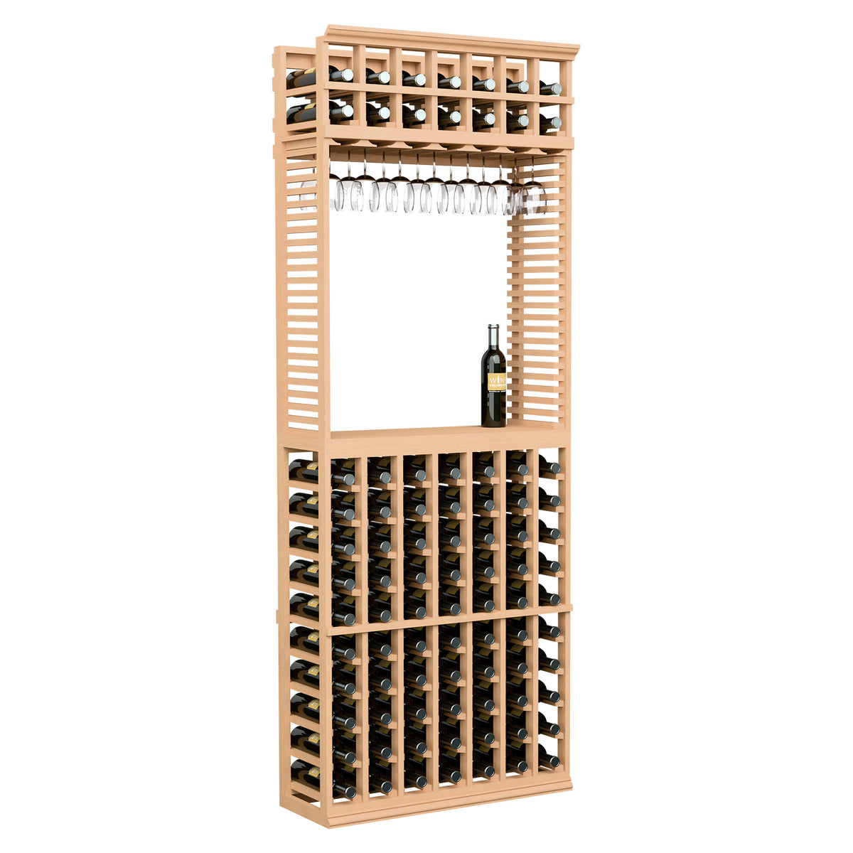 Warm wood wine tasting station with stemware rack, front bottle storage, angled view.