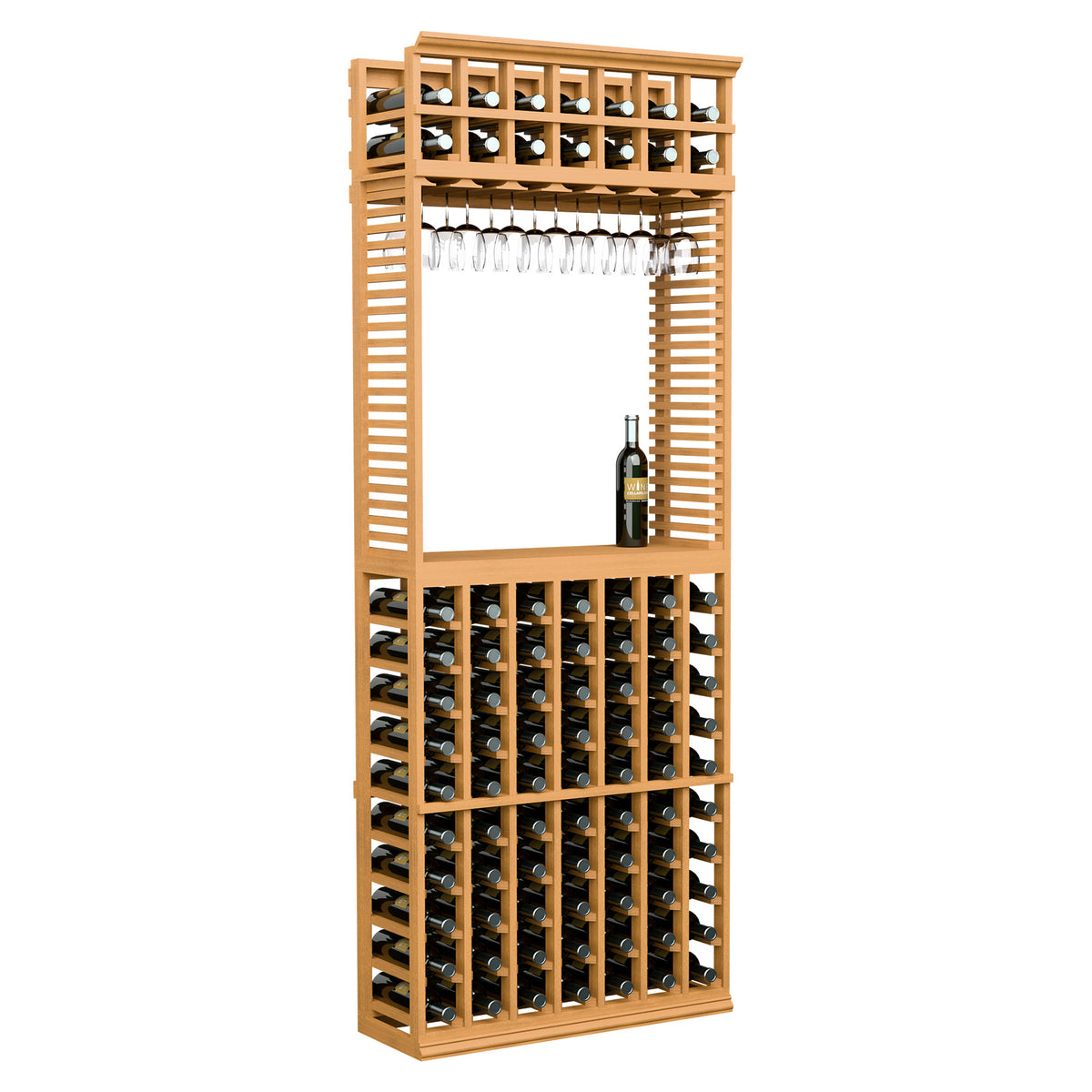 Wine tasting station with stemware rack, dark bottles, honey light wood frame