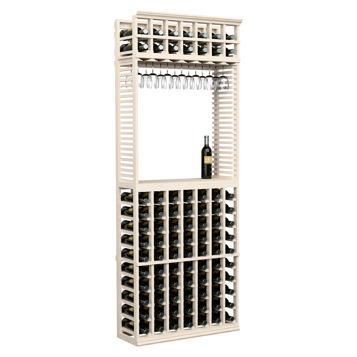 Wine tasting station with stemware rack, creamy light wood frame, and front bottle holders