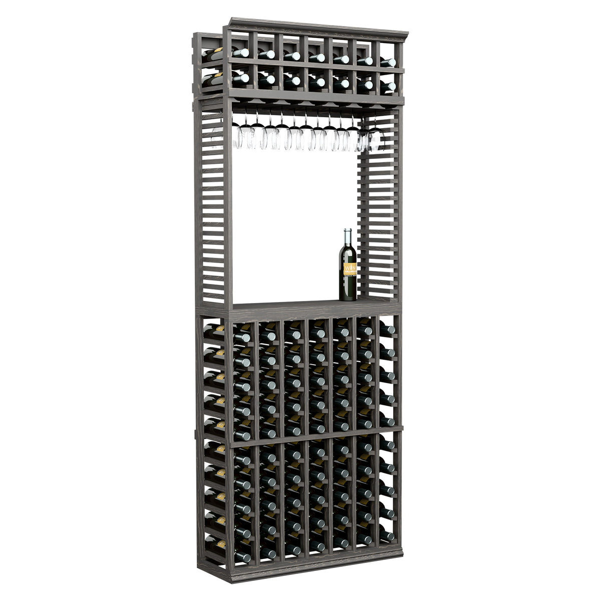 Wine tasting station with wine bottle and glass racks, dark frame with metal bars