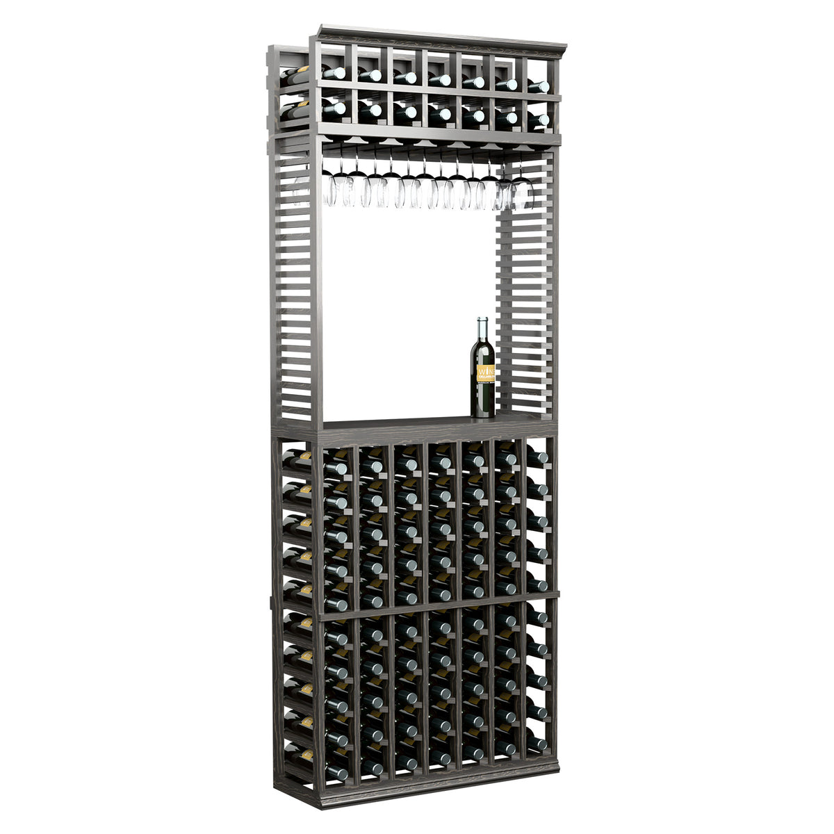 Dark wood wine tasting station with stemware rack, front bottle storage, tall unit.