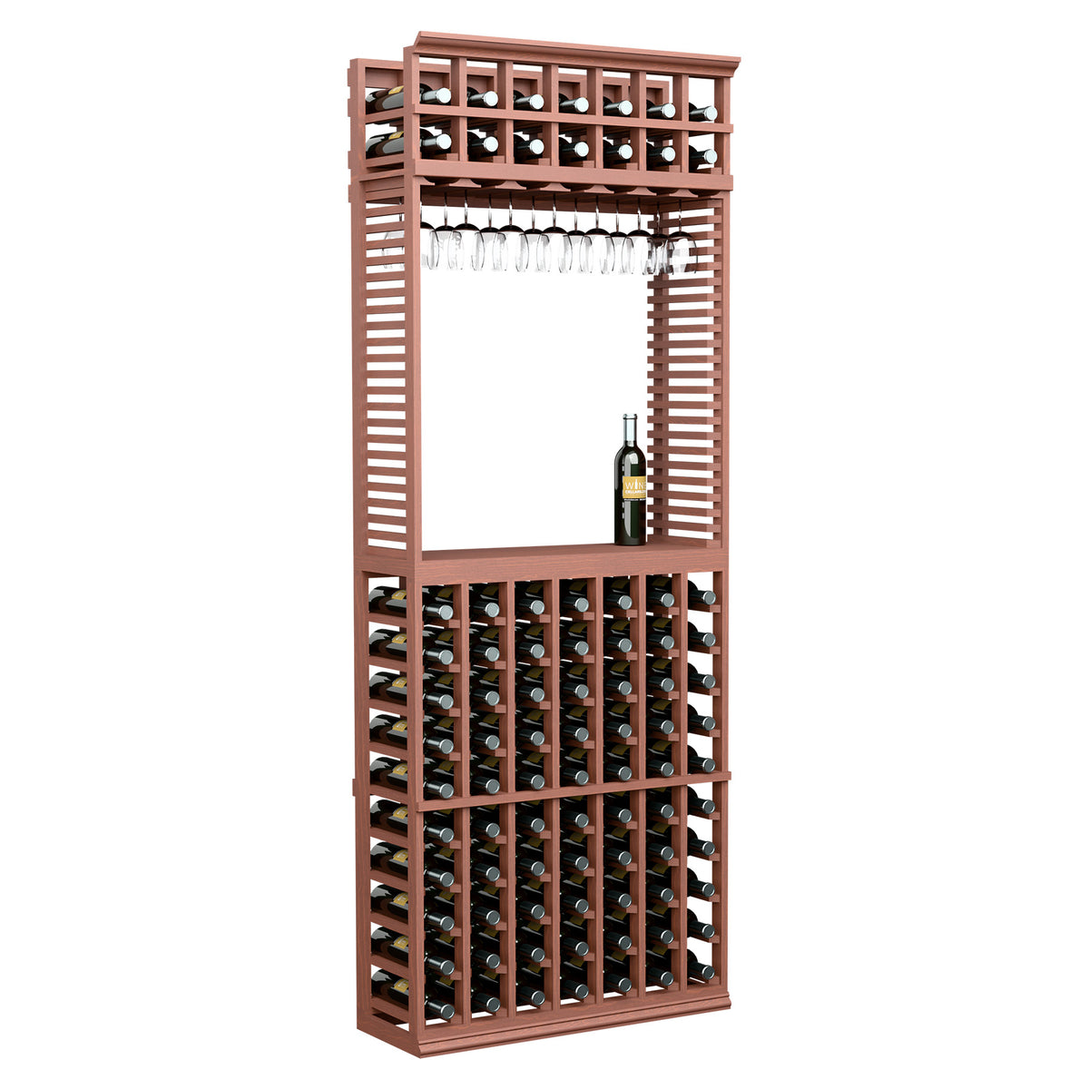Tall wine and stemware cabinet-style rack with front bottle grid and hanging glass line
