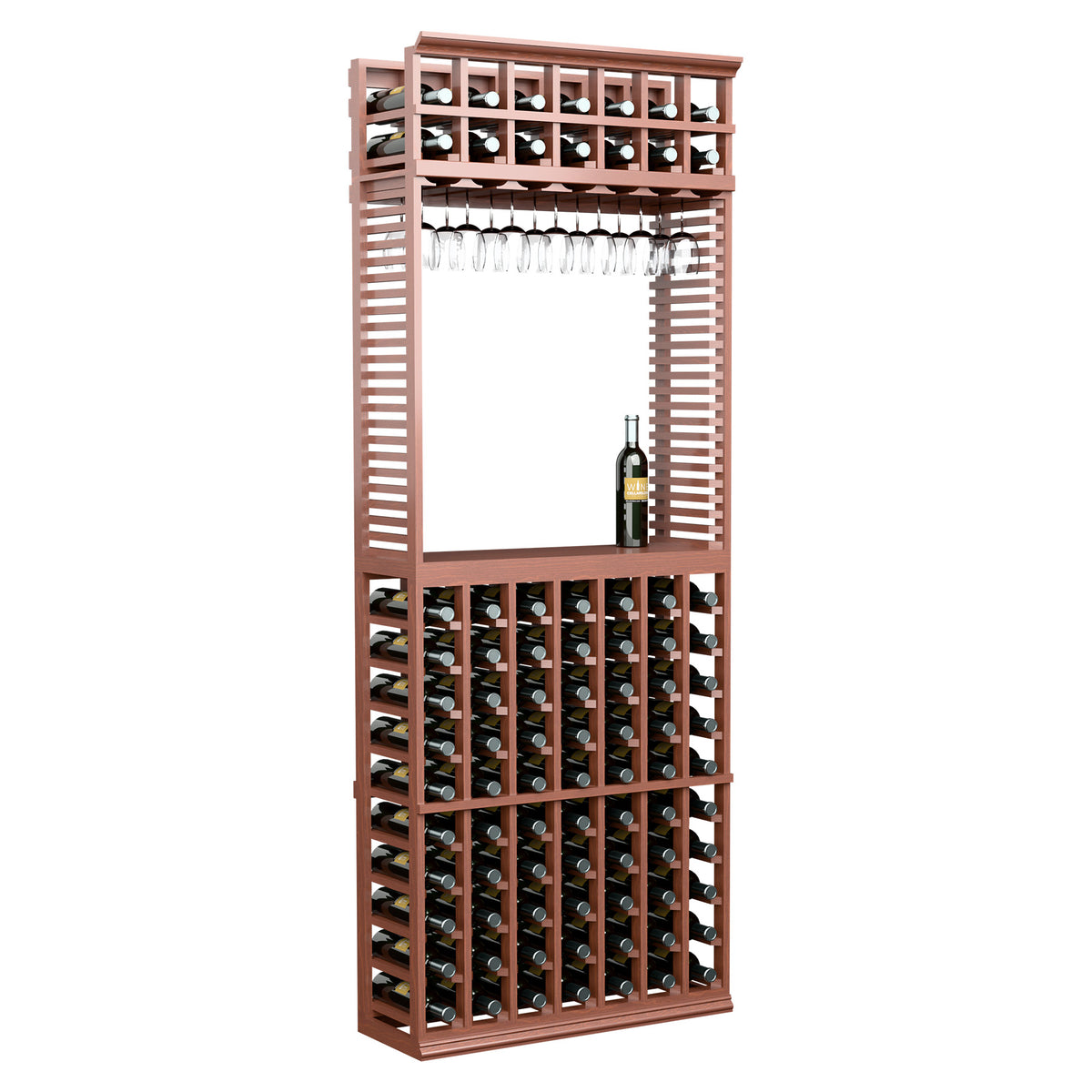 Wood wine tasting station with stemware rack and bottle storage, warm brown finish
