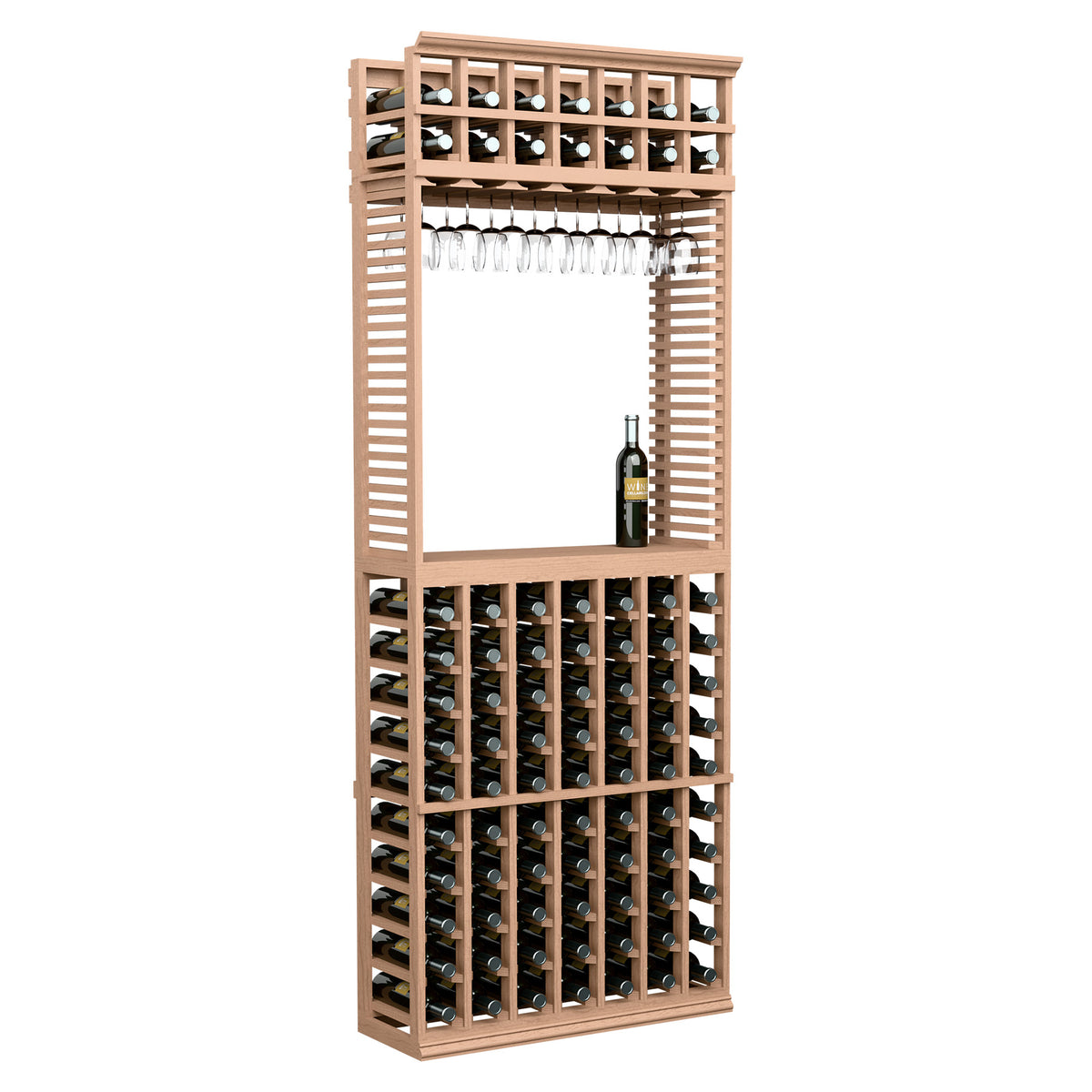 Wood wine tasting station with stemware rack and bottle storage, tan natural finish