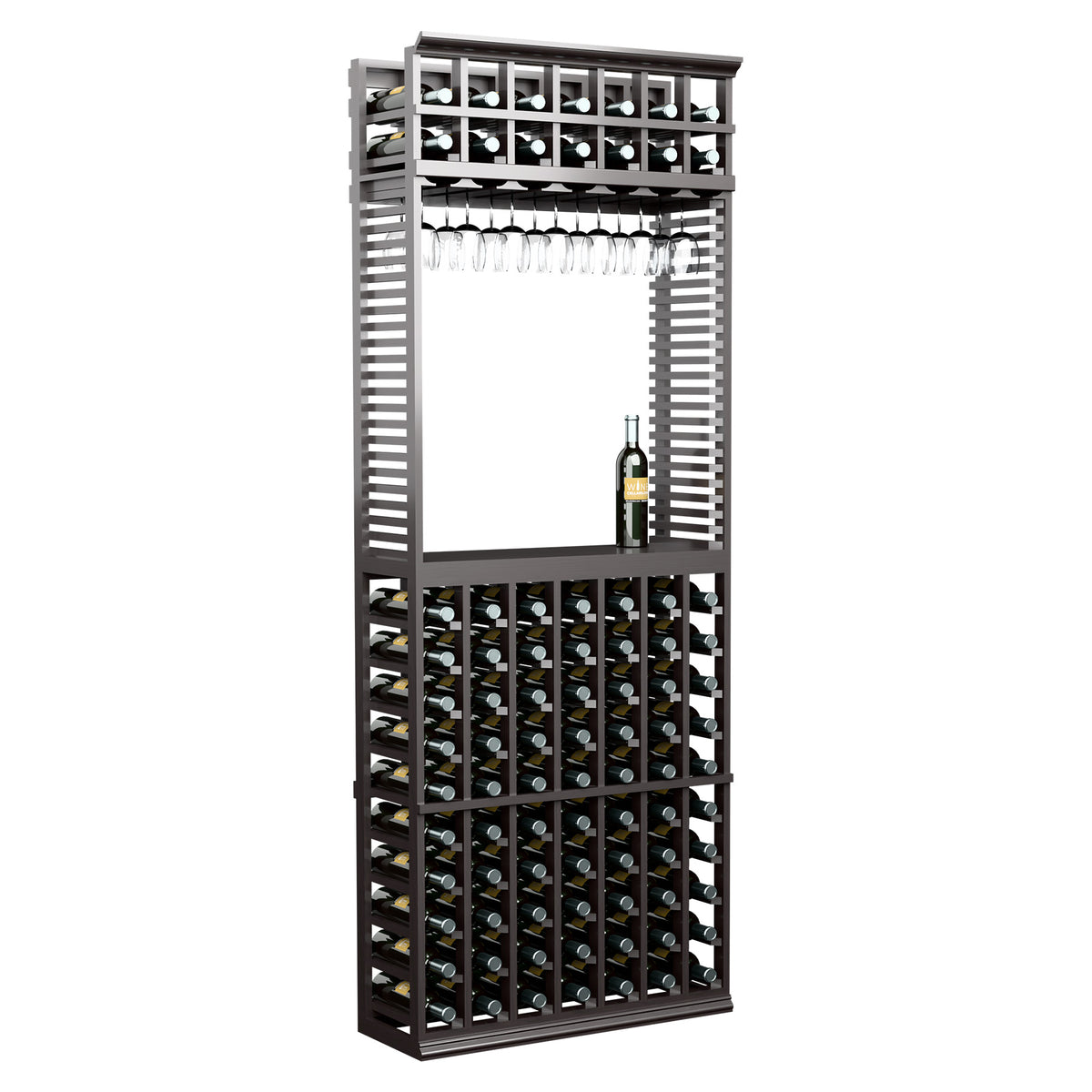 Wine tasting station with bottle storage grid and overhead stemware rack, dark frame