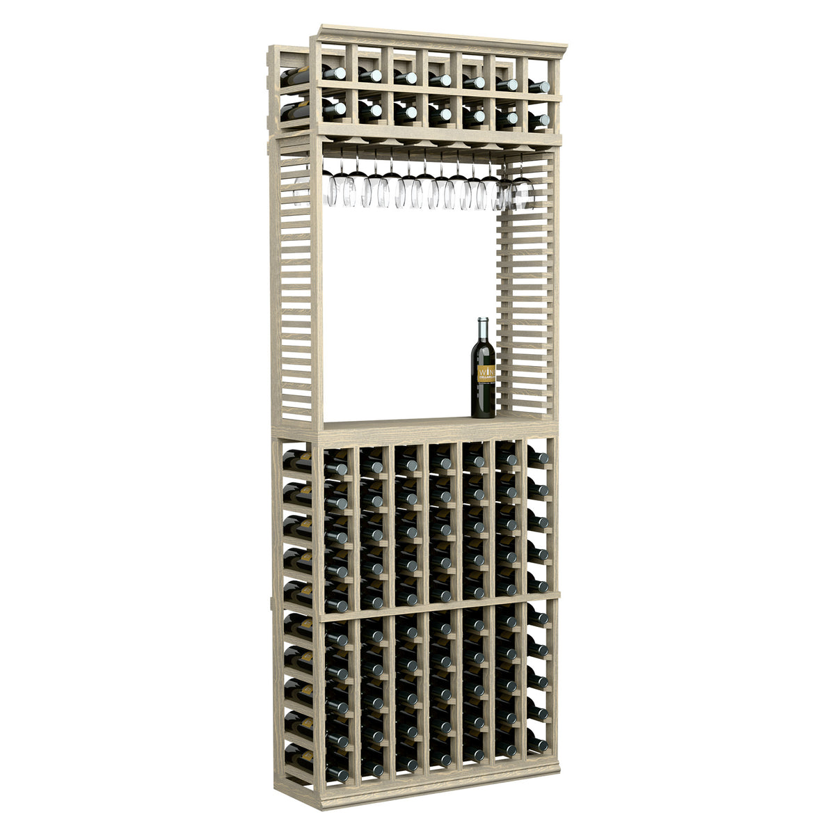 Beige wood wine tasting station with stemware rack, front bottle storage, tall unit.