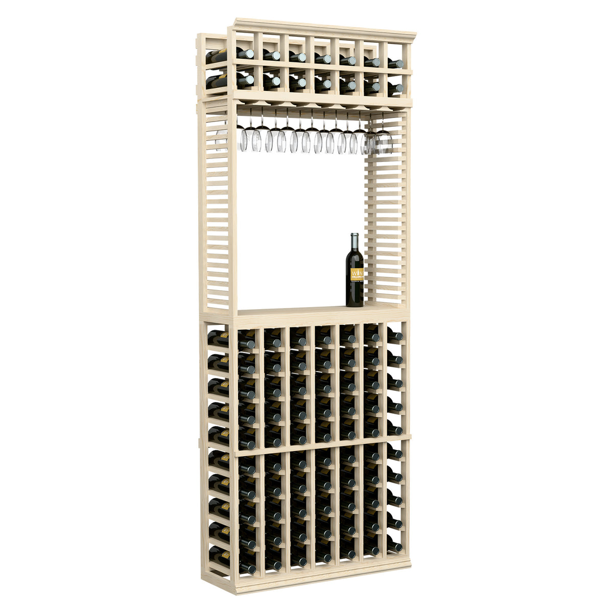 Wine tasting station with stemware rack, light wood frame, and front bottle holders