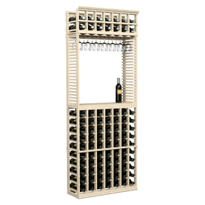 Wine tasting station with stemware rack, light wood frame, and front bottle holders