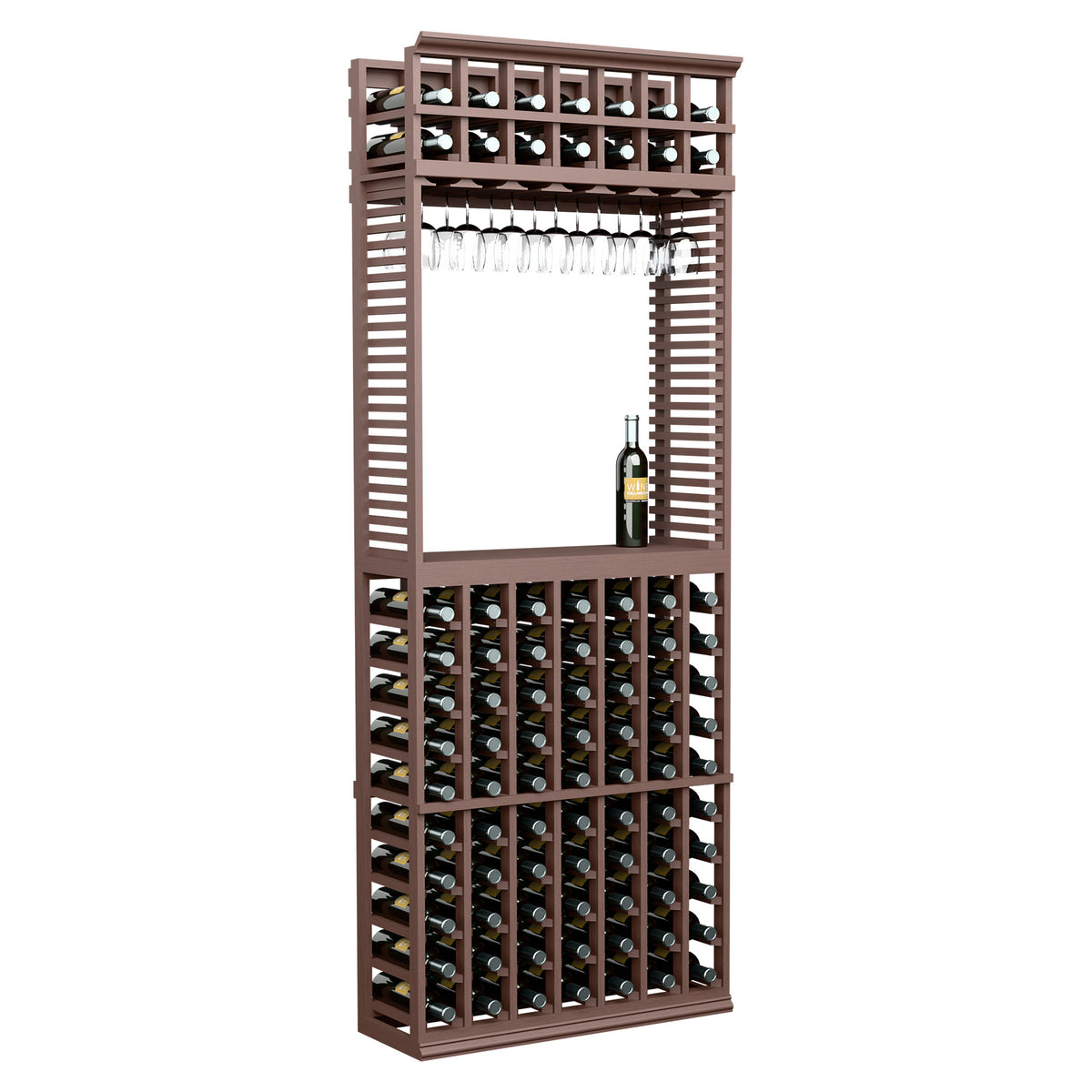 Warm brown wood wine tasting station with bottle slots and hanging stemware rack