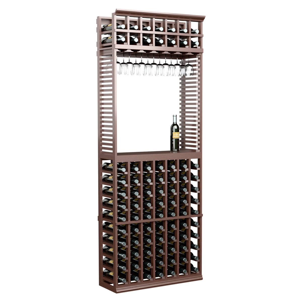Dark wood wine tasting station with bottle slots and hanging stemware rack