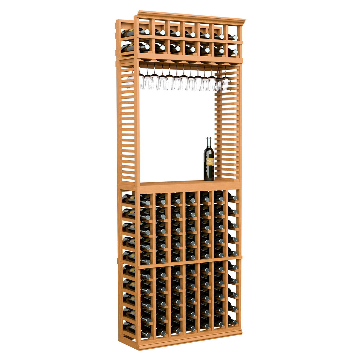 Wood wine storage rack with bottle slots, top bottle shelf, and hanging stemware holders