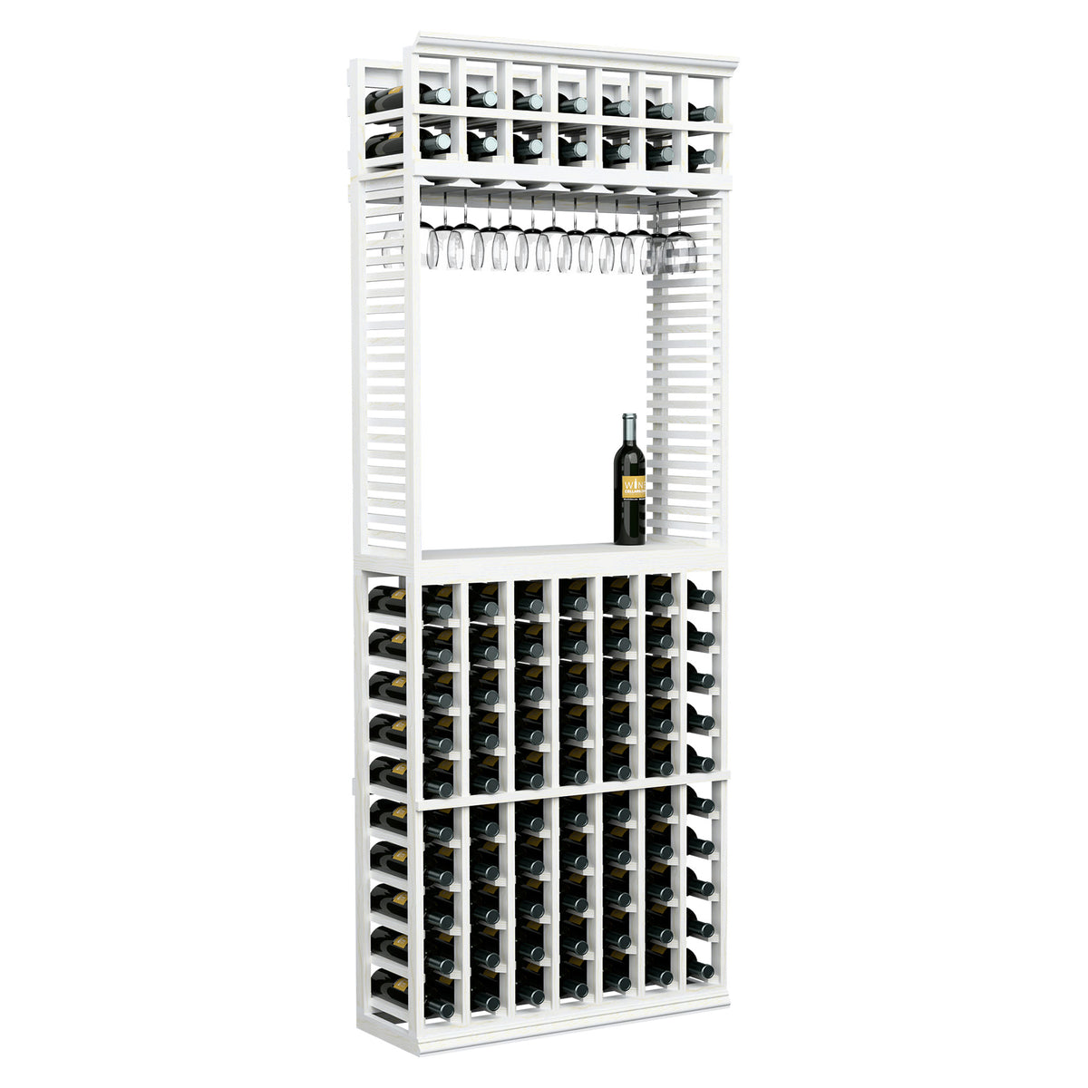 Wine tasting station with bottle racks and stemware rack, white frame and metal grid