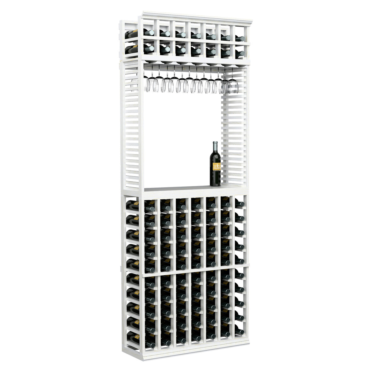 Wine and stemware tasting station rack in white wood, bottle slots and hanging glass rack