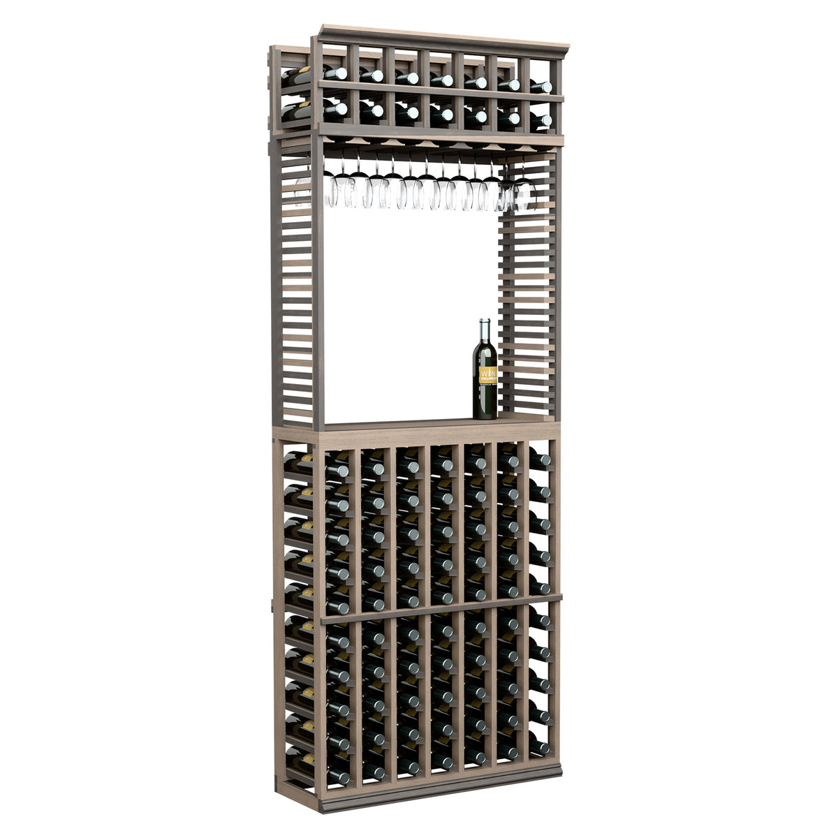 Smoked wood wine tasting station with bottle slots and hanging stemware rack