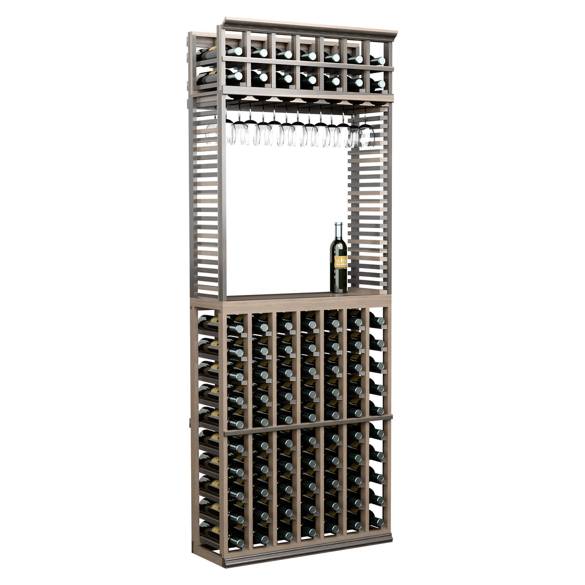 Wine tasting station with stemware rack, dark bottles, charcoal-gray wood cabinet