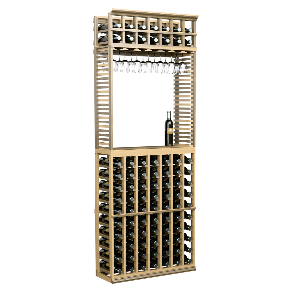 Wine and stemware tasting station rack in light wood, bottle slots and hanging glass rack