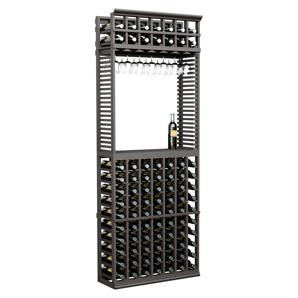 Wine and stemware tasting station rack in dark wood, bottle slots and hanging glass rack
