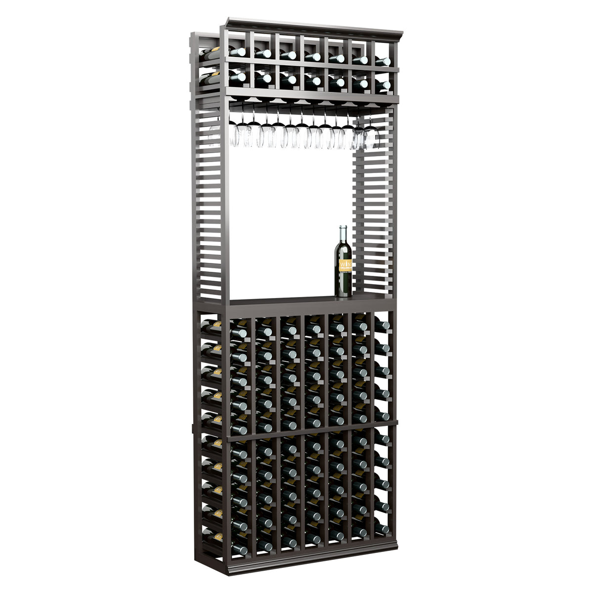 Wood wine tasting station with stemware rack, holds bottles, dark frame, front view.