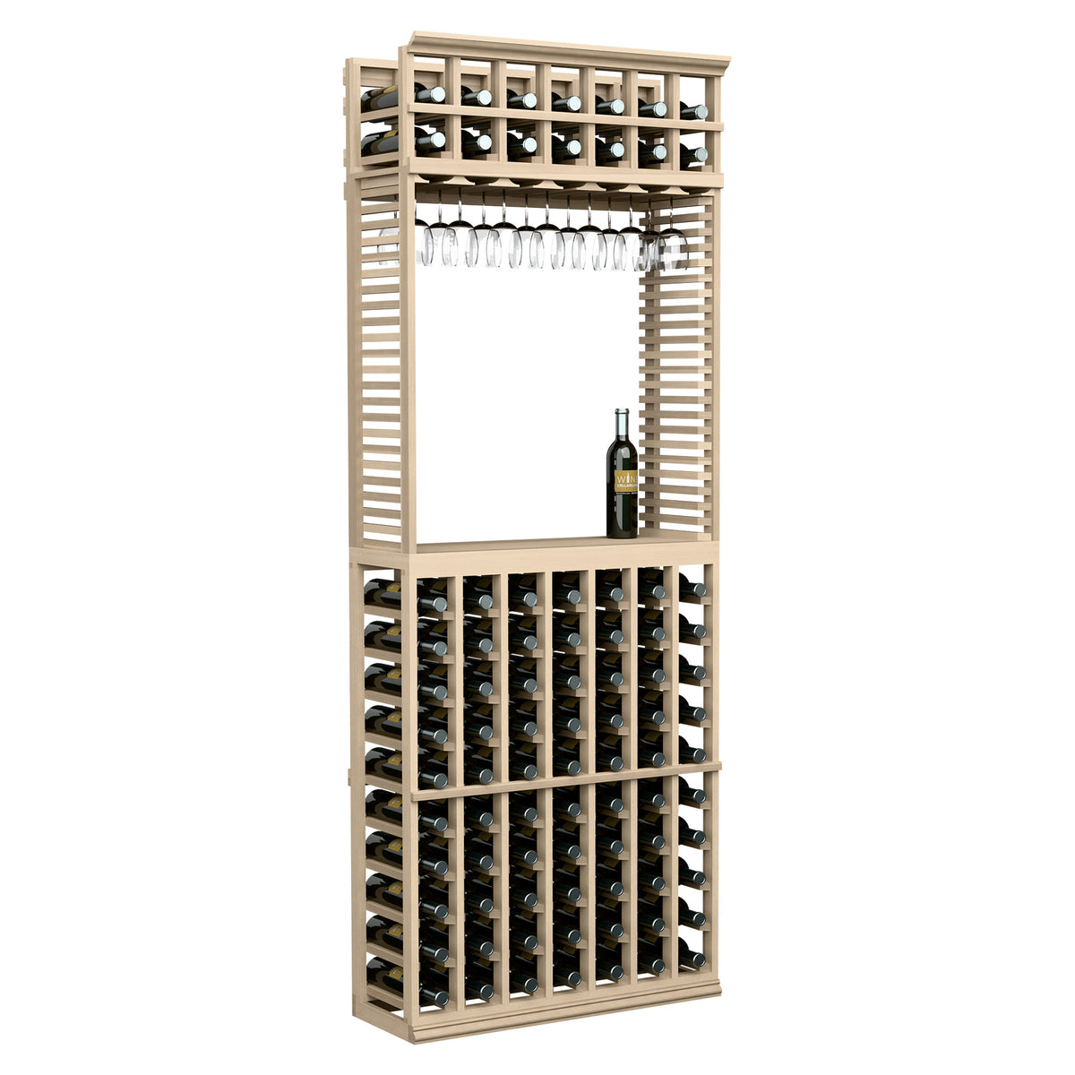 Light wood wine tasting station with stemware rack, stores bottles, front view.