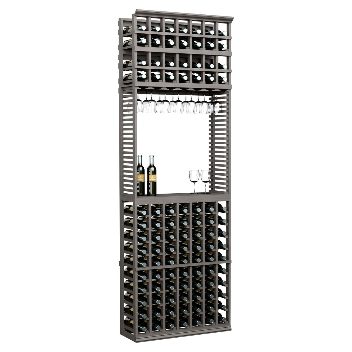 Wine tasting station with bottle and stemware racks, dark gray stained wood finish