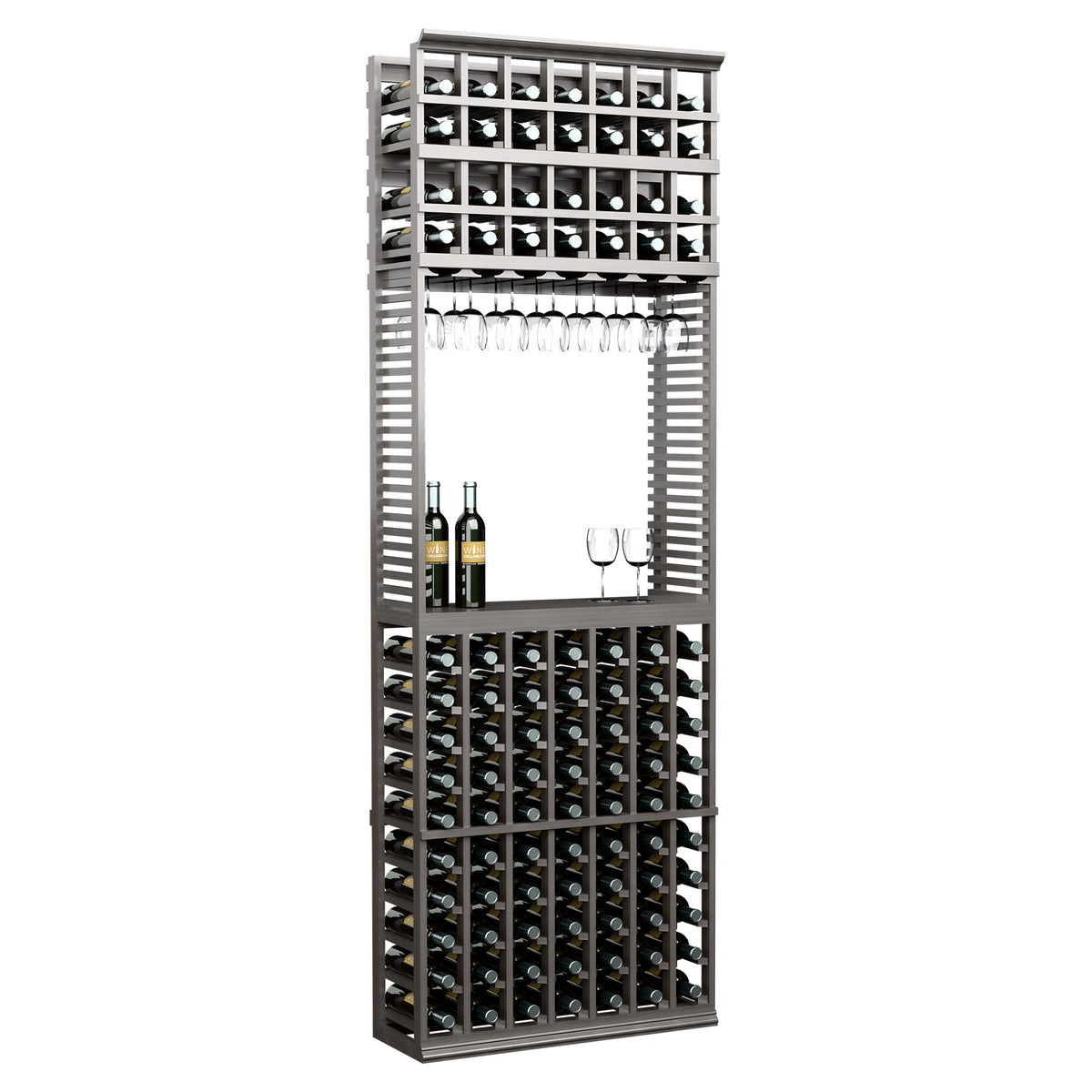 Wine tasting station with bottle and stemware racks, dark gray stained wood organizer