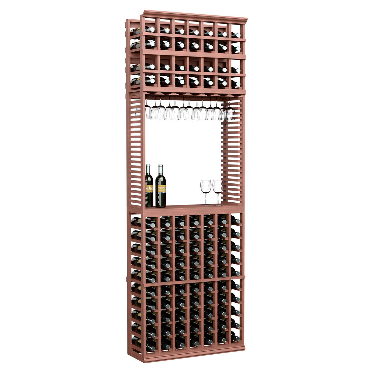Wood wine tasting station with bottle and stemware racks, medium reddish brown finish