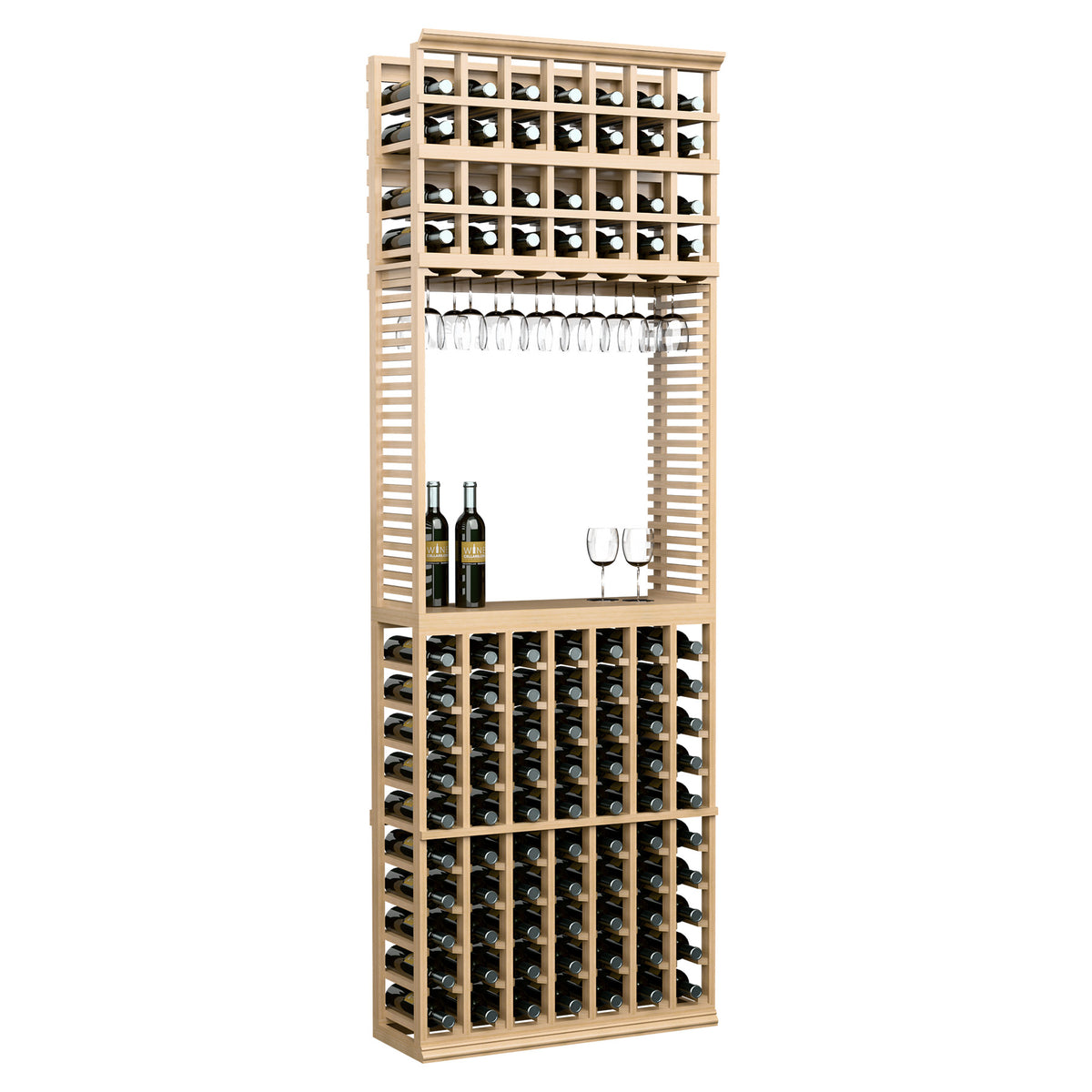Wood wine tasting station with bottle and stemware racks, pale light wood bottle display
