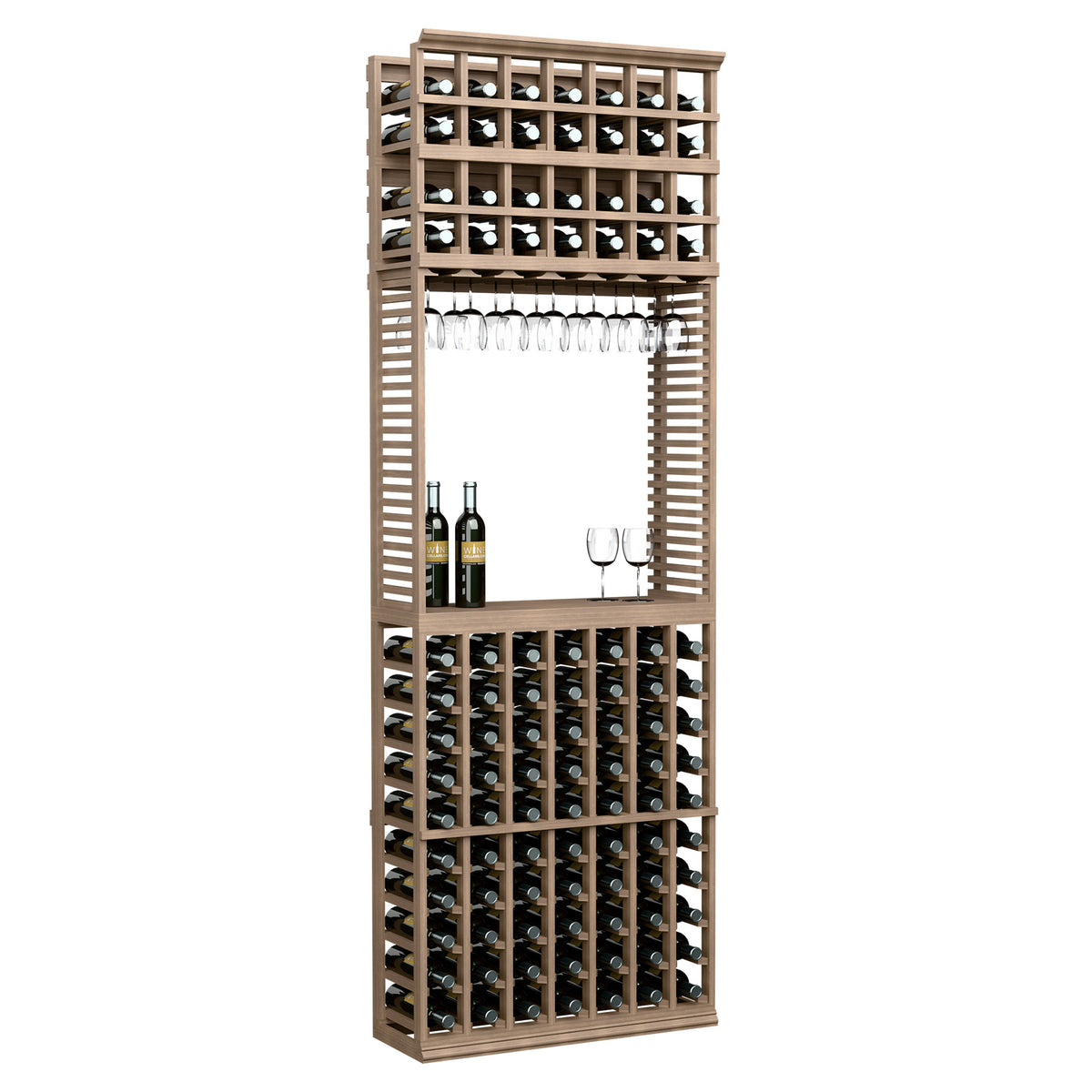 Wood wine tasting station with bottle and stemware racks, light wood finish