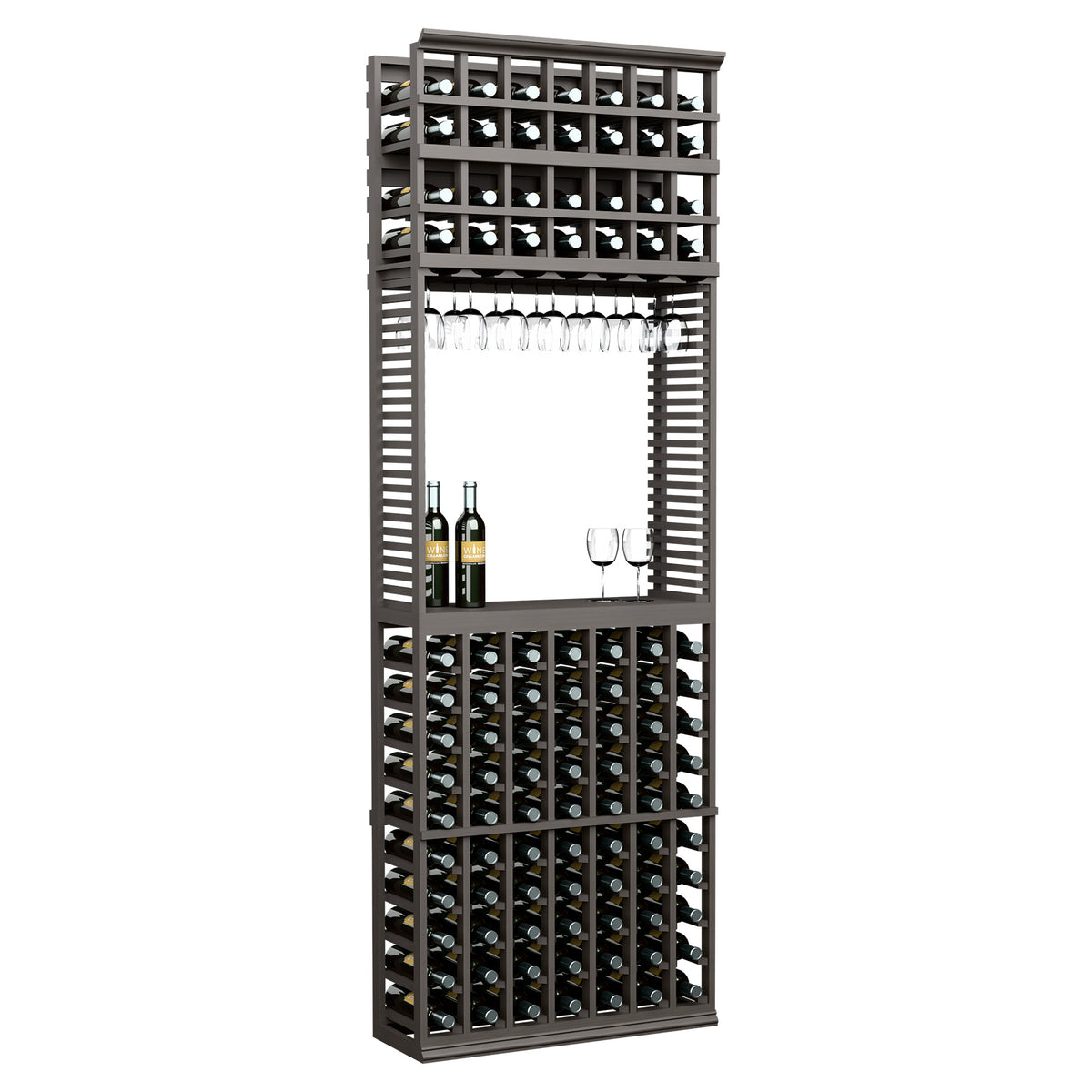 Dark wood wine tasting station with stemware rack and bottle storage shelves