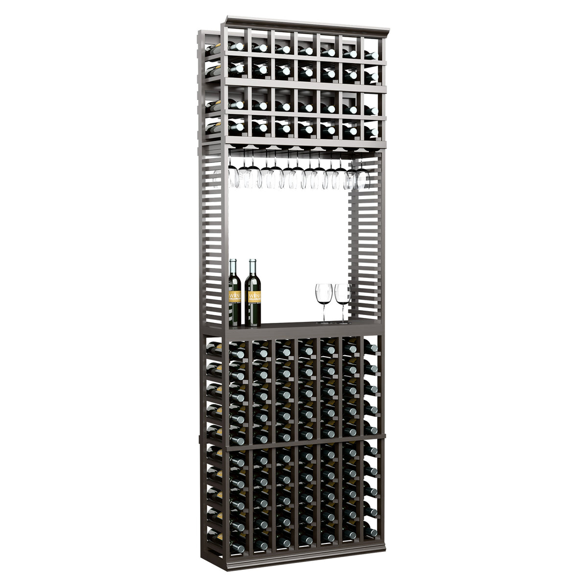 Dark wine tasting station with top stemware rack and multiple bottle storage rows