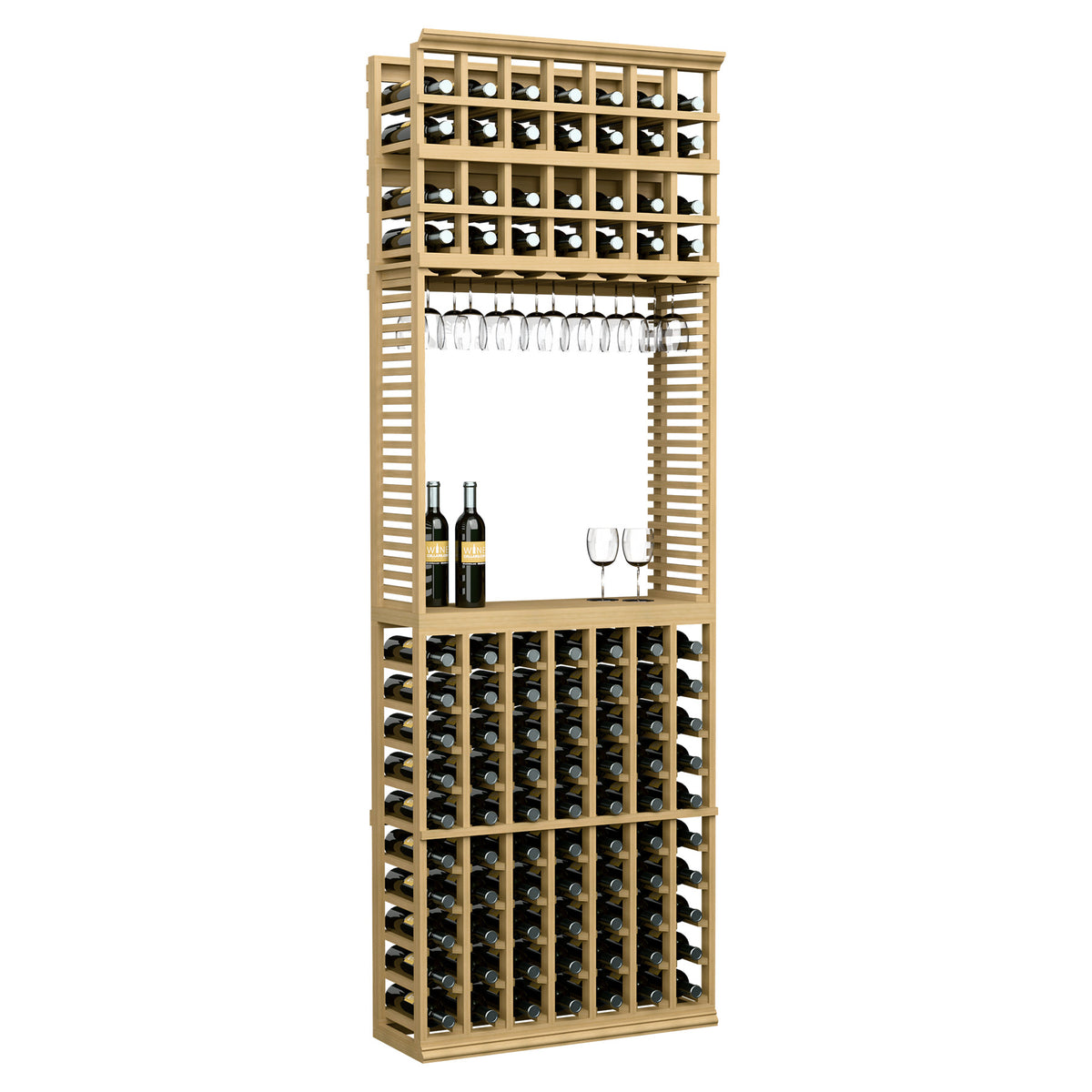 Light wood wine tasting station with stemware rack and front bottle storage grid