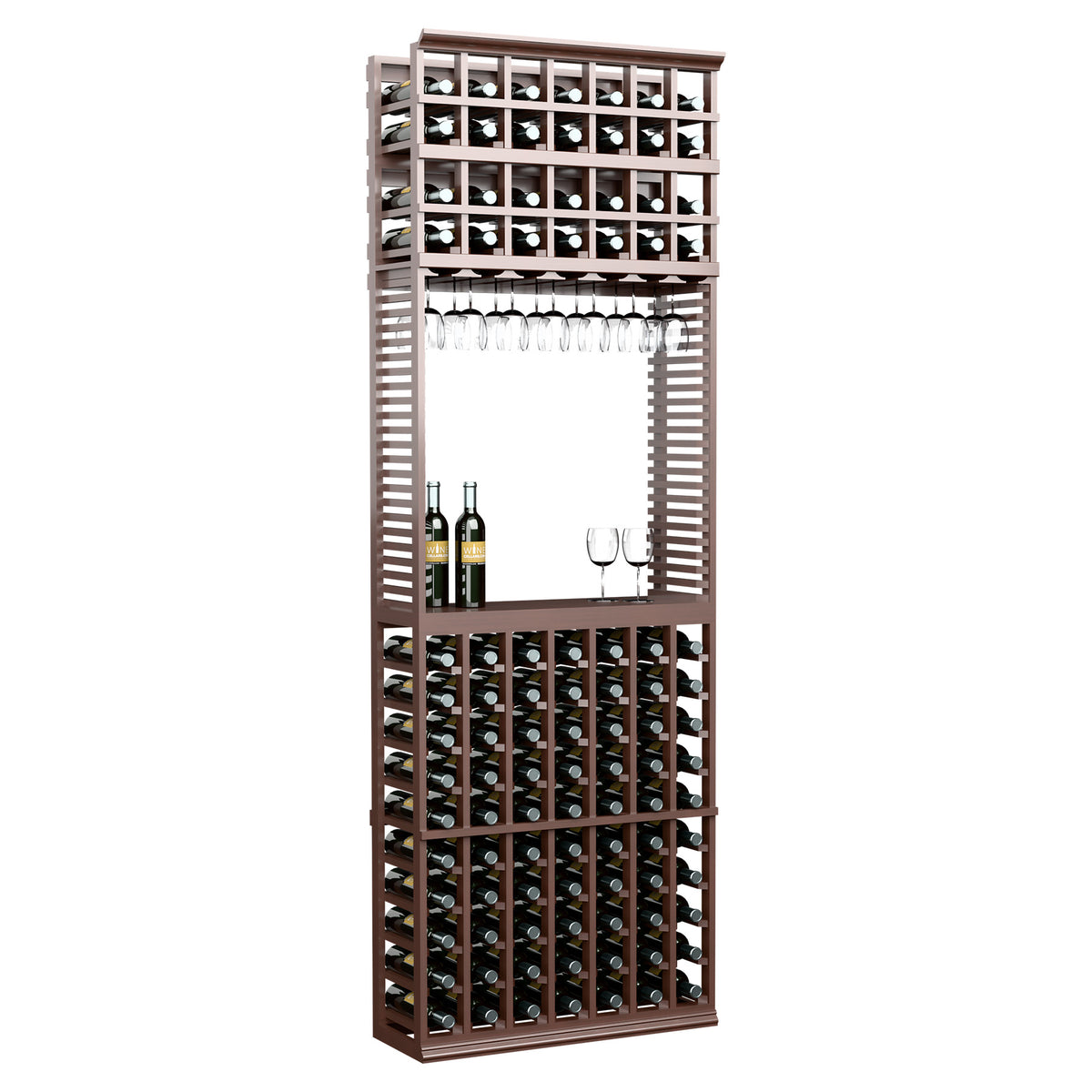 Brown wine tasting station with stemware rack and front grid for bottle storage