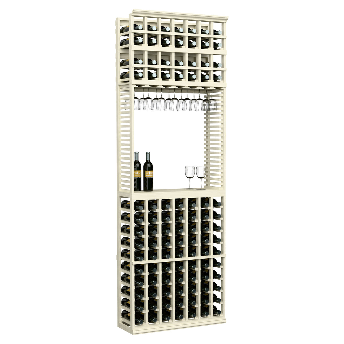 White wash wine tasting station with stemware rack and front bottle storage grid