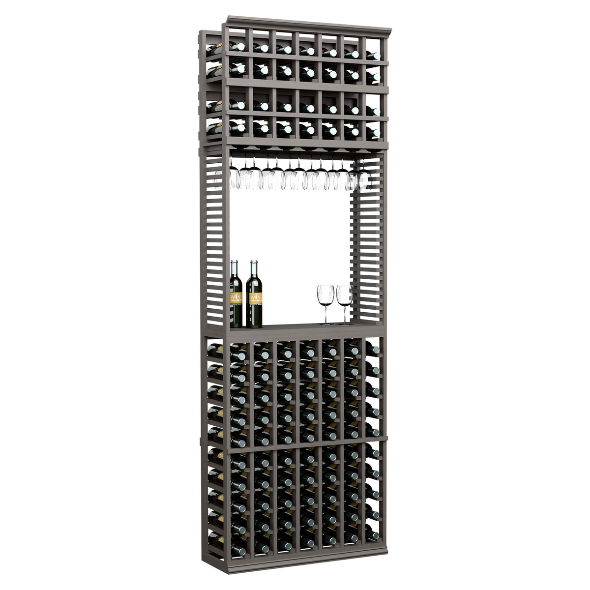 Wine tasting station with wine bottle and stemware racks, dark finish
