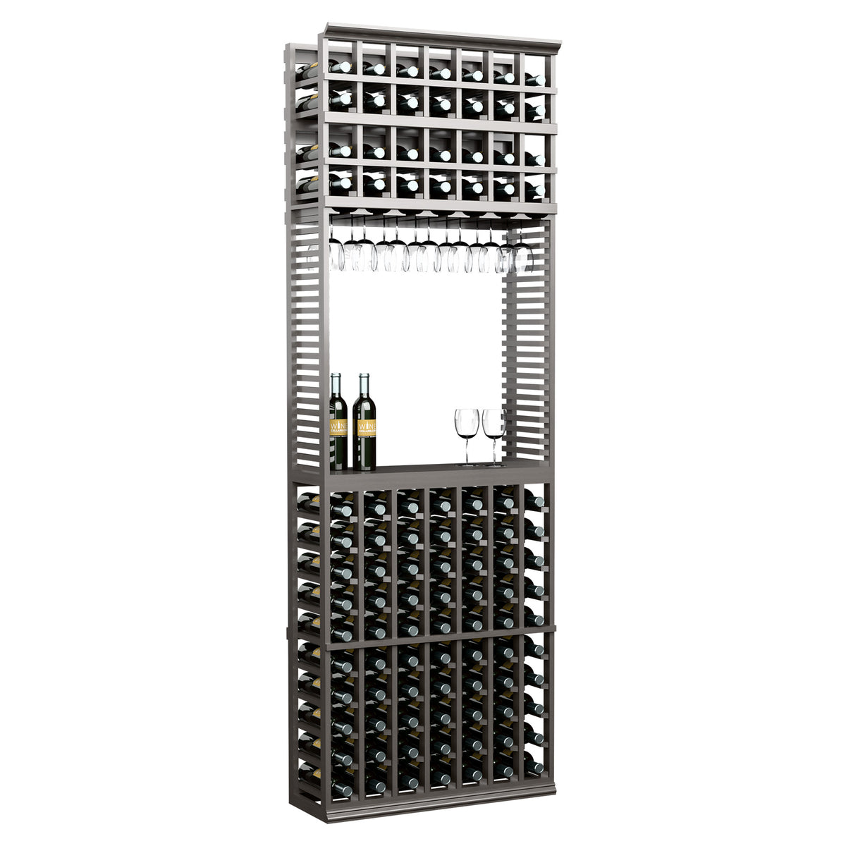 Wine tasting station with wine bottle and stemware racks, charcoal finish