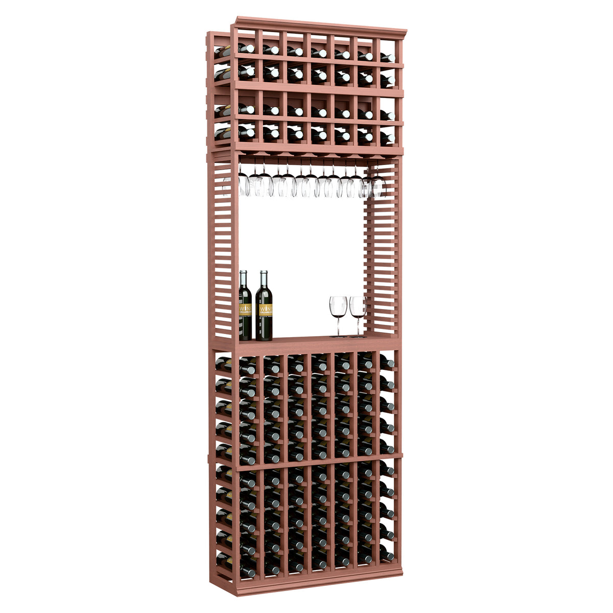 Wine tasting station with wine bottle and stemware racks, reddish wood finish
