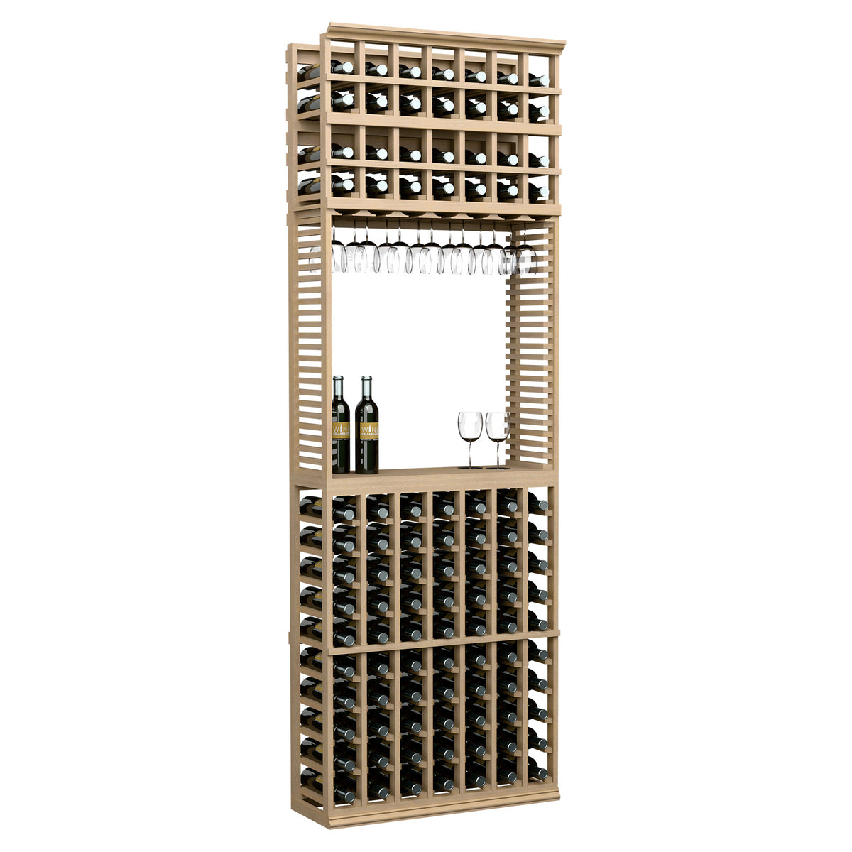 Wine tasting station with wine bottle and stemware racks, light wood finish