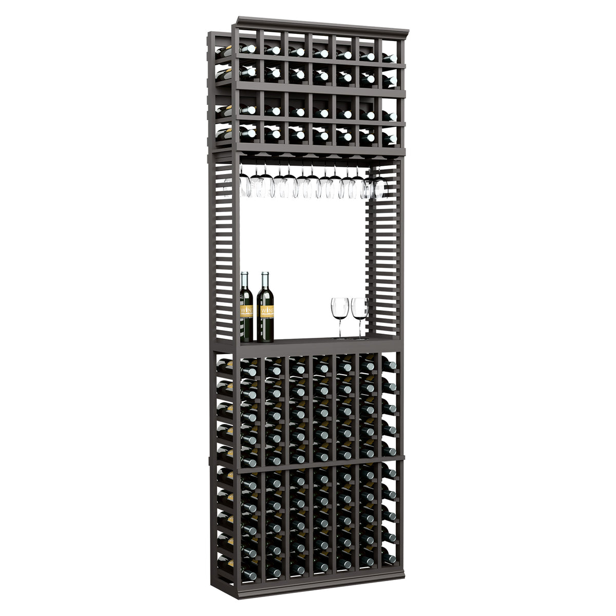 Wine tasting station with wine bottle and stemware racks, black wood finish